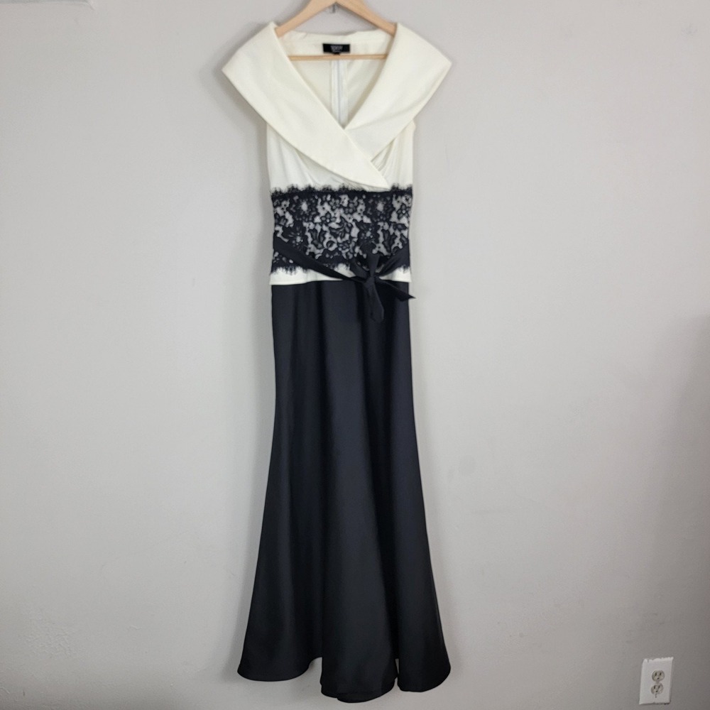 Tadashi‎ Shoji Vintage Satin Portrait Collar Lace Waist Long Formal Dress 4 READ